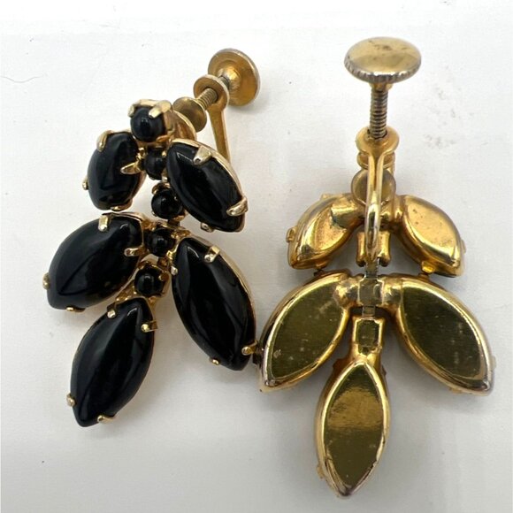Vtg 50s Black Rhinestone Bib Necklace Set Gold Tone Screwback Earrings Waterfall - Picture 5 of 9